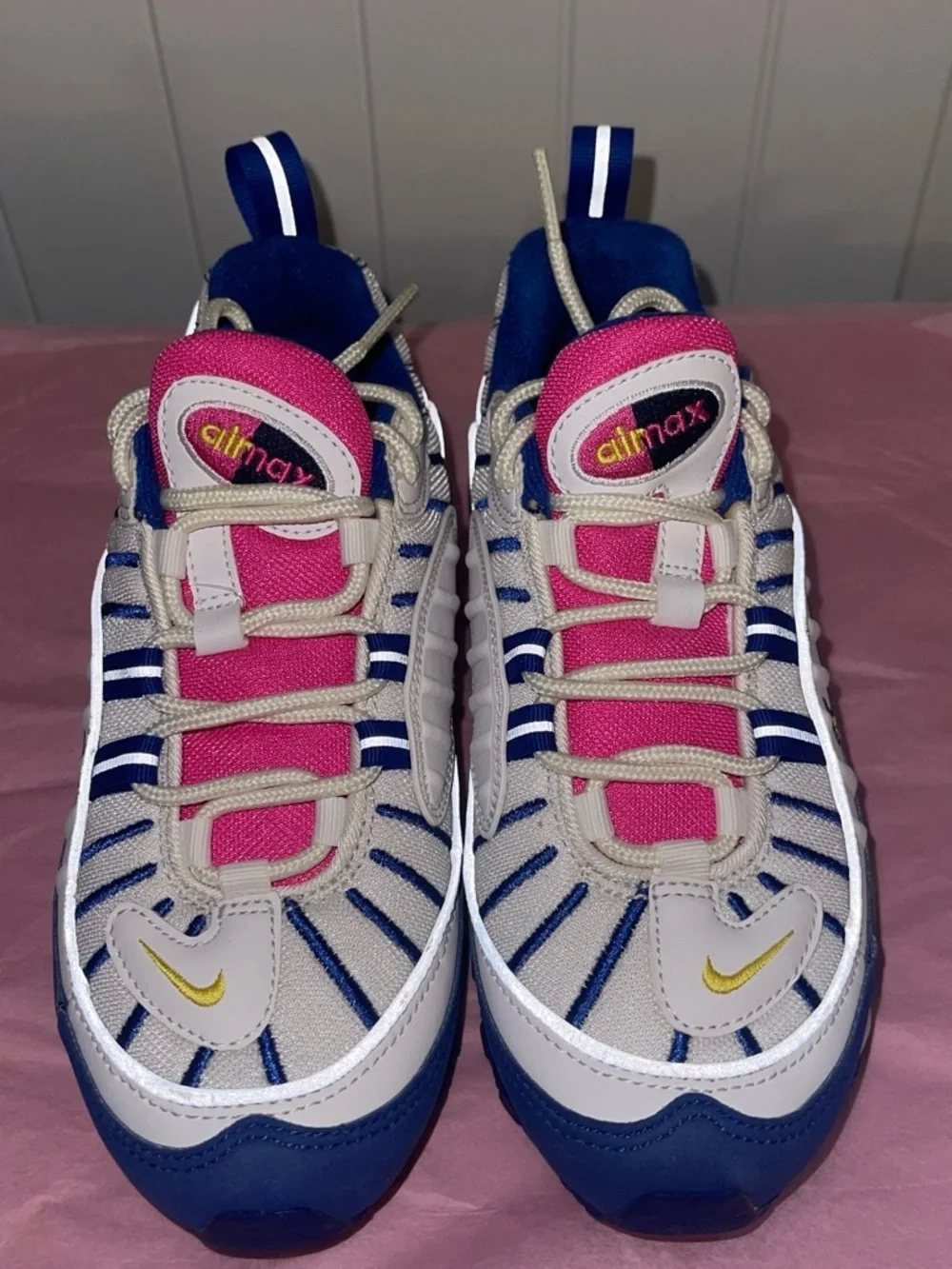 Nike Kids White Sneakers with Blue, Pink & Gold Accents